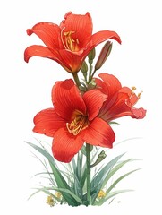 Sticker - Lily flower, drawn with watercolor paints, bright colors, rough 2D animation, children's book illustration, isolated on white background