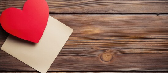 Fototapete - Copy space image of heart shaped note paper on a wooden background representing love and Valentine s Day Perfect for adding text