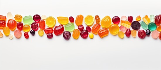 Sticker - A flat lay copy space image depicting a variety of colorful candies jelly and marmalade placed on a white background