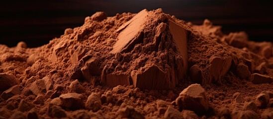 Wall Mural - A closeup image of cocoa powder and dark chocolate is displayed providing an intriguing combination of flavors and textures. Creative banner. Copyspace image