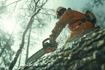 Poster - A man in an orange jacket using a chainsaw to cut a tree. Suitable for forestry or lumber industry concepts