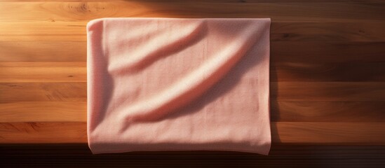 Wall Mural - A kitchen towel is placed on a wooden cooking table seen from a top down perspective with room for additional images