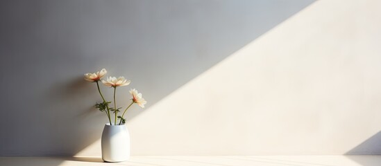 Poster - At sunrise the home s white and gray wall features blurred natural flower shadows in the copy space image