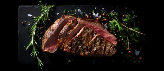 Poster - A rare grilled flank steak sliced and presented on a black background showcasing the marbled beef Top view with copy space image