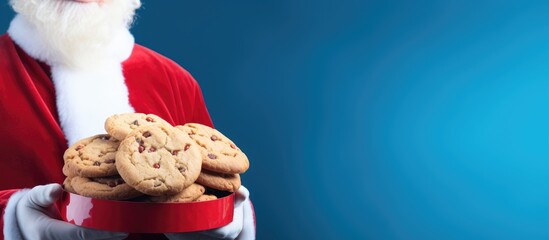 Poster - Santa hatted man holding gift box and delicious cookies framed by a blue background with ample space for text or additional images