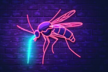 Sticker - A vibrant neon sign of a mosquito on a textured brick wall. Suitable for insect-themed designs