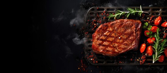 Sticker - Top view of a delicious steak being cooked on a dark background with ample copy space for an image