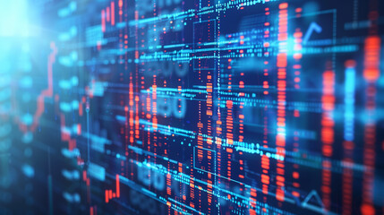 A computer screen with a blue background and red and orange lines. The lines are in a grid pattern and appear to be numbers. Concept of technology and data