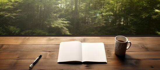 Fototapete - A wood table with a blank notebook providing ample copy space for writing or sketching