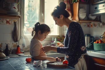 Wall Mural - A woman and a little girl standing in a kitchen. Suitable for family and cooking themes