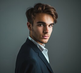 Canvas Print - Portrait of a handsome young business man in a suit looking at the camera isolated on a grey background