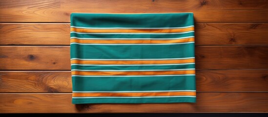 Poster - A kitchen towel is placed on a wooden cooking table seen from a top down perspective with room for additional images