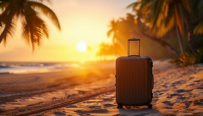 A solitary modern suitcase stands on a sandy beach with palm trees and sunset in the background