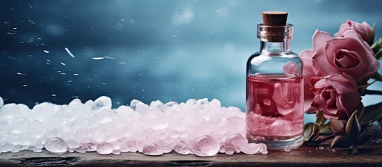 Canvas Print - A table displaying a bottle of rose essential oil alongside sea salt with plenty of copy space for an image