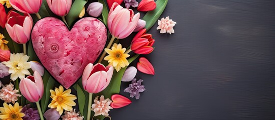 Fototapete - A top view image of tulips and gerbera flowers with a heart on a vintage background perfect for Mother s Day providing ample copy space