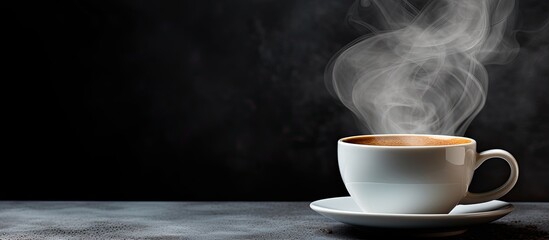 Sticker - A copy space image of a steaming cup of hot coffee against a gray background