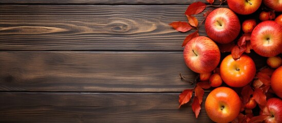 Poster - A top view shows a rustic wooden table adorned with ripe red apples and raw orange pumpkins offering plenty of copy space