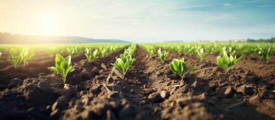 Canvas Print - Rows of newly planted crops growing in the soil with plenty of space for copy images