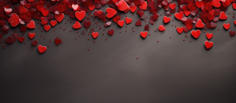 A top down view of a Valentine s Day background featuring red hearts and an area for placing text or images. Creative banner. Copyspace image