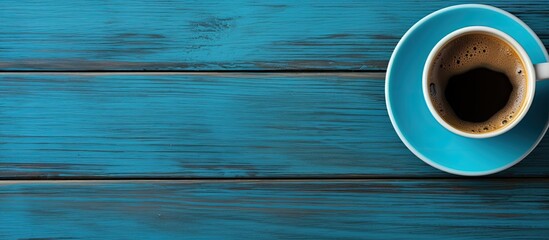 Poster - Top view of a coffee cup on a blue wooden table creating a contrasting color scheme with the white cup and black coffee Copy space image