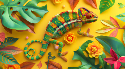 Wall Mural - Colorful chameleon with monstera leaves and tropical flowers, creative art design. Beautiful and cute reptile in vibrant colors. Tropical and exotic wildlife portrait of  a lizard on a branch.