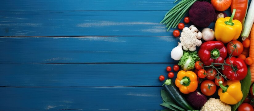 Blue wooden background with copy space image featuring a vibrant arrangement of fresh vegetables and seeds