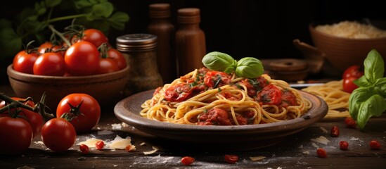 Sticker - Italian spaghetti with a variety of ingredients a delicious copy space image