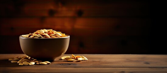 Wall Mural - A small bowl containing pumpkin seeds sits on a wooden surface with two contrasting colors creating a visually appealing copy space image