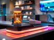 © ParinApril - Smart healthcare concept with a digitally enhanced pill bottle on a sleek, illuminated console, emphasizing precision in medication management