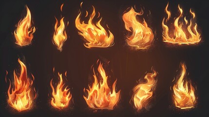 Wall Mural - A set of fire flames on a dark, black background. Perfect for adding drama and intensity to your projects