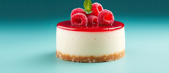 Poster - Close up view of a mini round raspberry cheesecake with copy space image