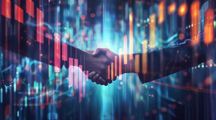 Two business professionals shaking hands with a vibrant digital overlay of financial data, symbolizing a merger or agreement in the tech industry