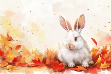 Canvas Print - A cute rabbit sitting in a pile of autumn leaves. Perfect for nature or animal-themed designs