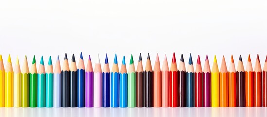 Wall Mural - A vibrant arrangement of colorful pencils and crayons on a pristine white background creating a captivating copy space image