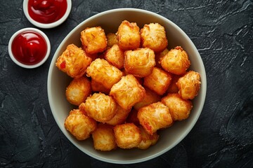 Wall Mural - A top-down view of golden fried tater tots in a bowl, served with a side of ketchup