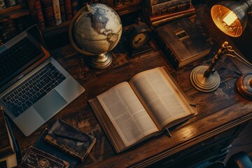 Wall Mural - A topdown view of a desk featuring books, a laptop, and a globe