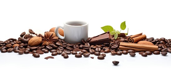 Wall Mural - A copy space image featuring gourmet coffee and chocolate annella on a white background
