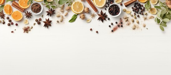 Poster - A flat lay composition featuring a white wooden table adorned with dried herbal tea leaves fresh fruits and space for text in the image. Creative banner. Copyspace image