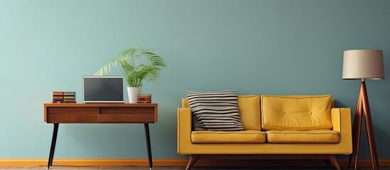 Aufkleber - Modern living room with a laptop computer displaying a blank screen perfect for adding a copy space image