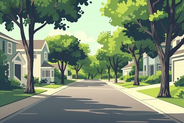 Tranquil and peaceful suburban street illustration with minimalist architecture. Treelined greenery. And cozy residential houses in a serene neighborhood