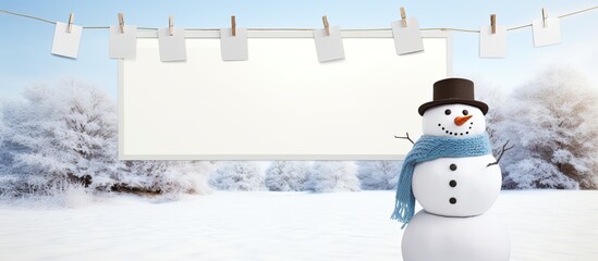 Aufkleber - A snowman and empty picture frames hang on a clothesline creating a peaceful scene against a white backdrop Perfect for copy space image
