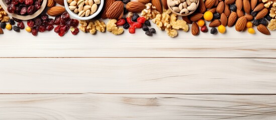 Poster - Copy space image of dry fruits and nuts packaged on a white wooden background