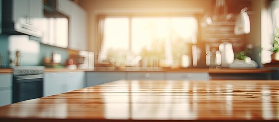 Poster - Blurred kitchen room in background with table top and copy space image
