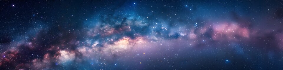 Panoramic astrophotography of visible Milky Way galaxy. Stars, nebula and stardust at night sky