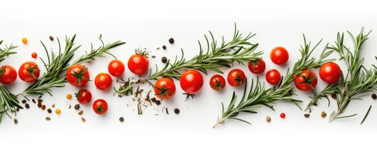 Sticker - Top down view of a white background with a medley of cherry tomatoes arranged on a rosemary frame creating a captivating copy space image