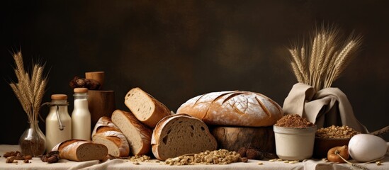 Poster - A copy space image of a homemade whole grain bread and other breakfast food ornaments displayed at a traditional bakery