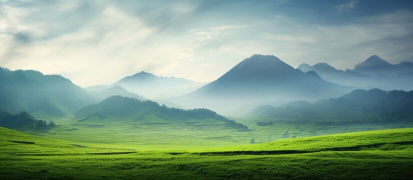 Copy space image of a picturesque green field with a majestic mountain as a backdrop amidst cloudy and rainy weather