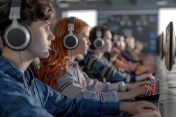 Sticker - Group of individuals using headphones at computer stations. Suitable for technology and communication concepts