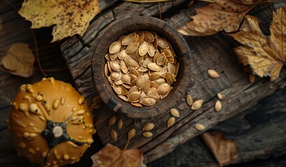 Wall Mural - Bird s eye view of pumpkin seeds in bowl on weathered table