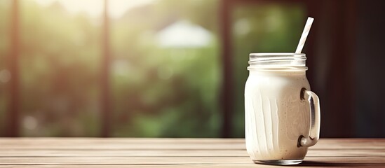 Poster - Copy space image of a delicious milkshake served in a charming mason jar complete with a straw placed on a rustic wooden table